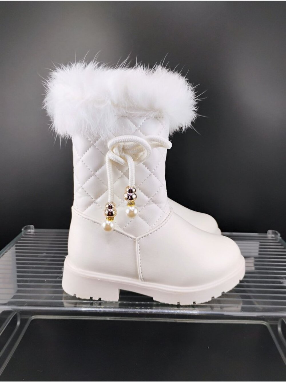 White Fur-Lined Kids Winter Boots Quilted Design Beaded Accent - Picture 4 of 7